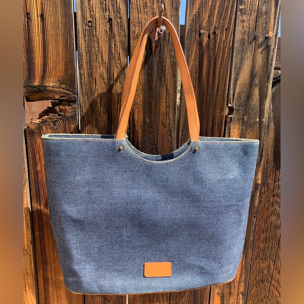 Frederic Ferrkai brand, Blue Denim Tote Bag with Tan Accents